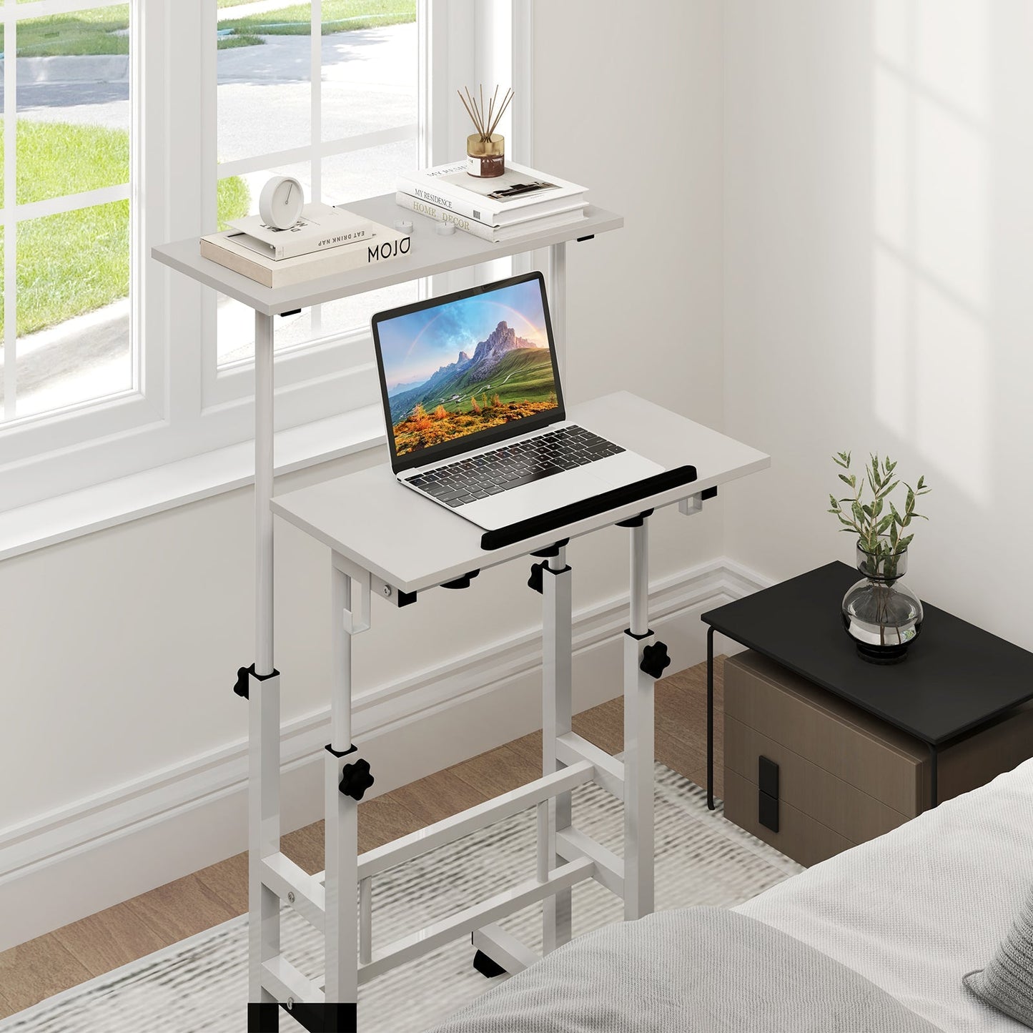 Mobile Standing Desk Height-Adjustable Laptop Cart with Split Top and Hanging Hooks