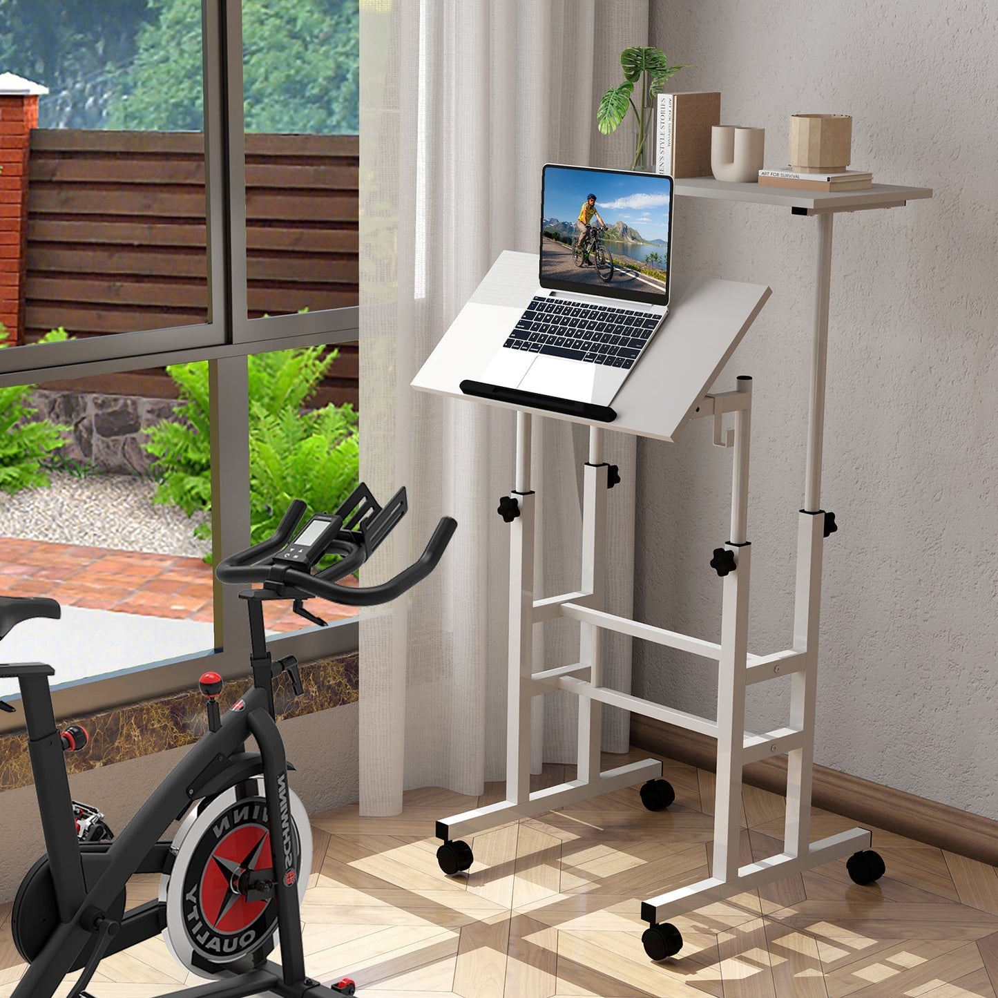 Mobile Standing Desk Height-Adjustable Laptop Cart with Split Top and Hanging Hooks