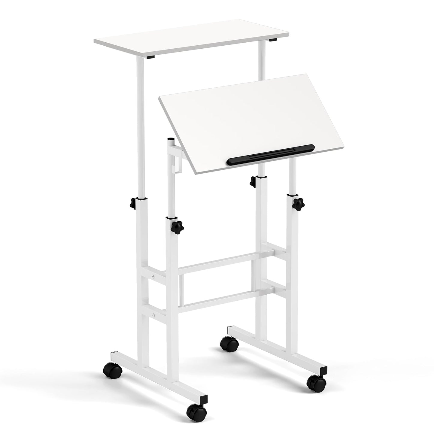 Mobile Standing Desk Height-Adjustable Laptop Cart with Split Top and Hanging Hooks