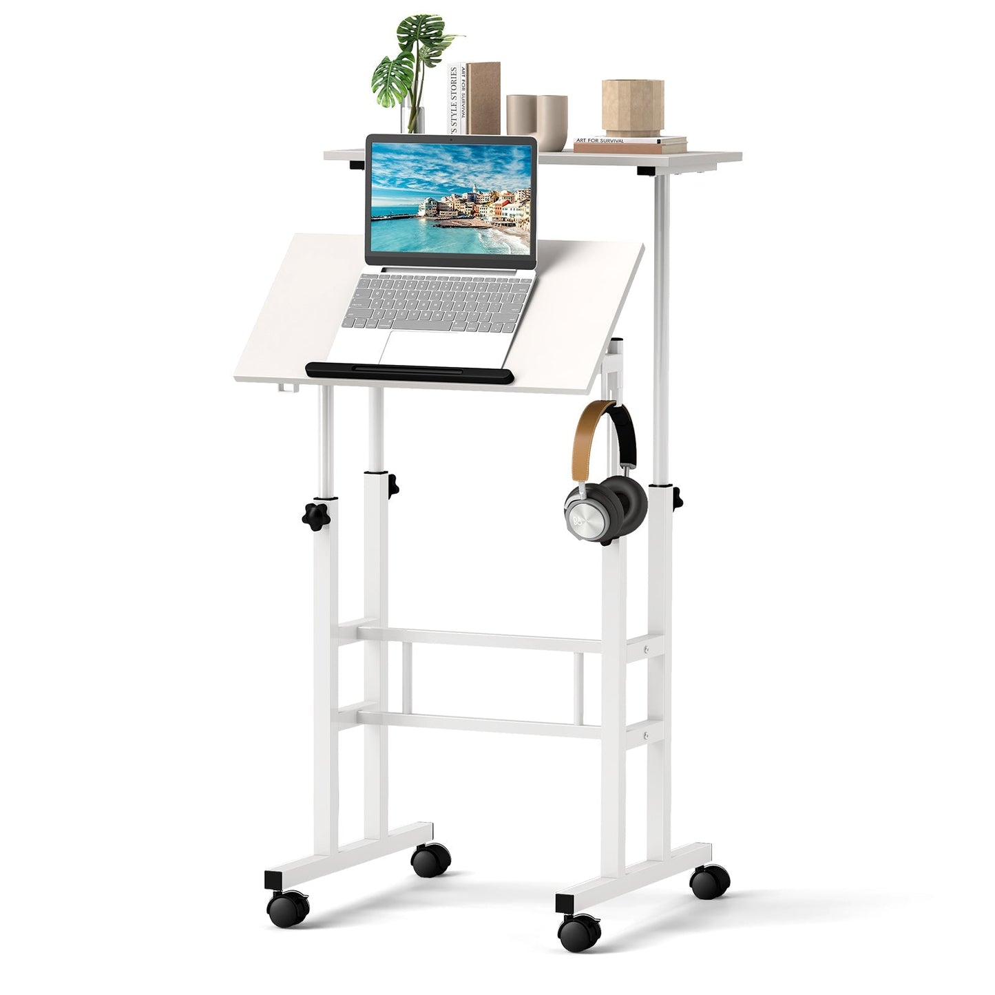 Mobile Standing Desk Height-Adjustable Laptop Cart with Split Top and Hanging Hooks