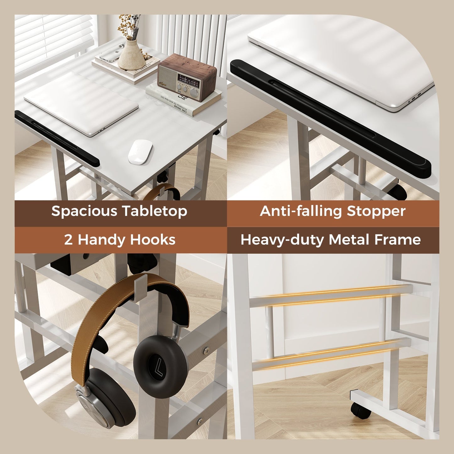 Mobile Standing Desk Height-Adjustable Laptop Cart with Split Top and Hanging Hooks