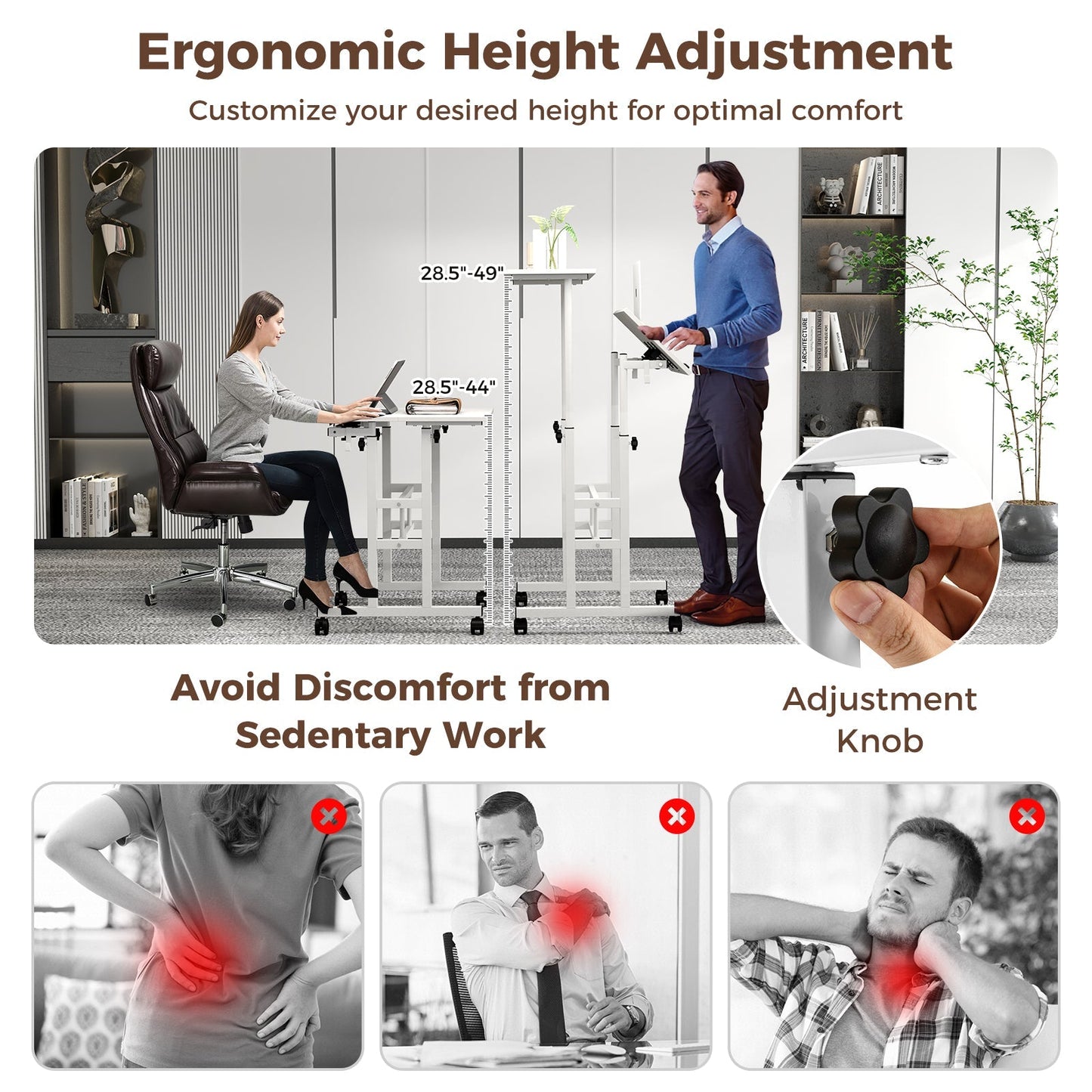 Mobile Standing Desk Height-Adjustable Laptop Cart with Split Top and Hanging Hooks