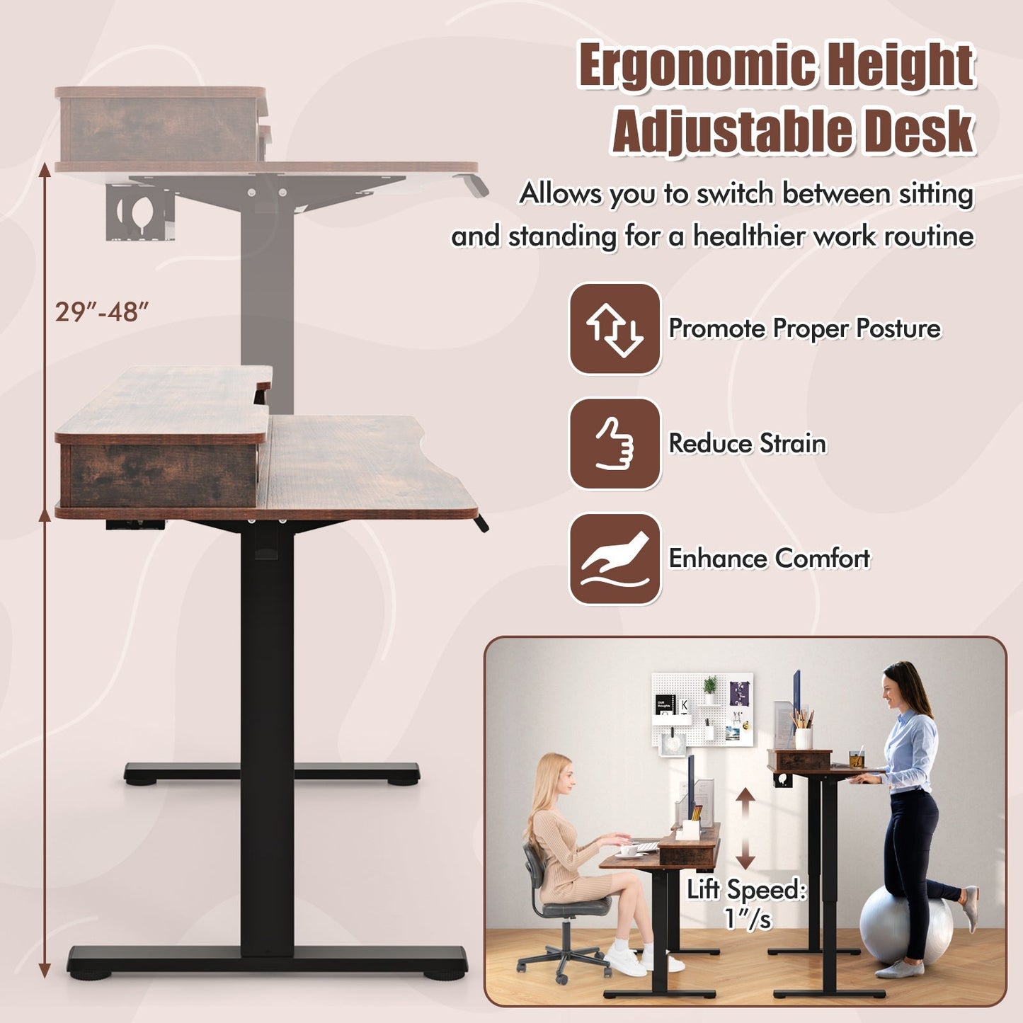 55 Inch x 24 Inch Height Adjustable Electric Standing Desk with 2 Drawers
