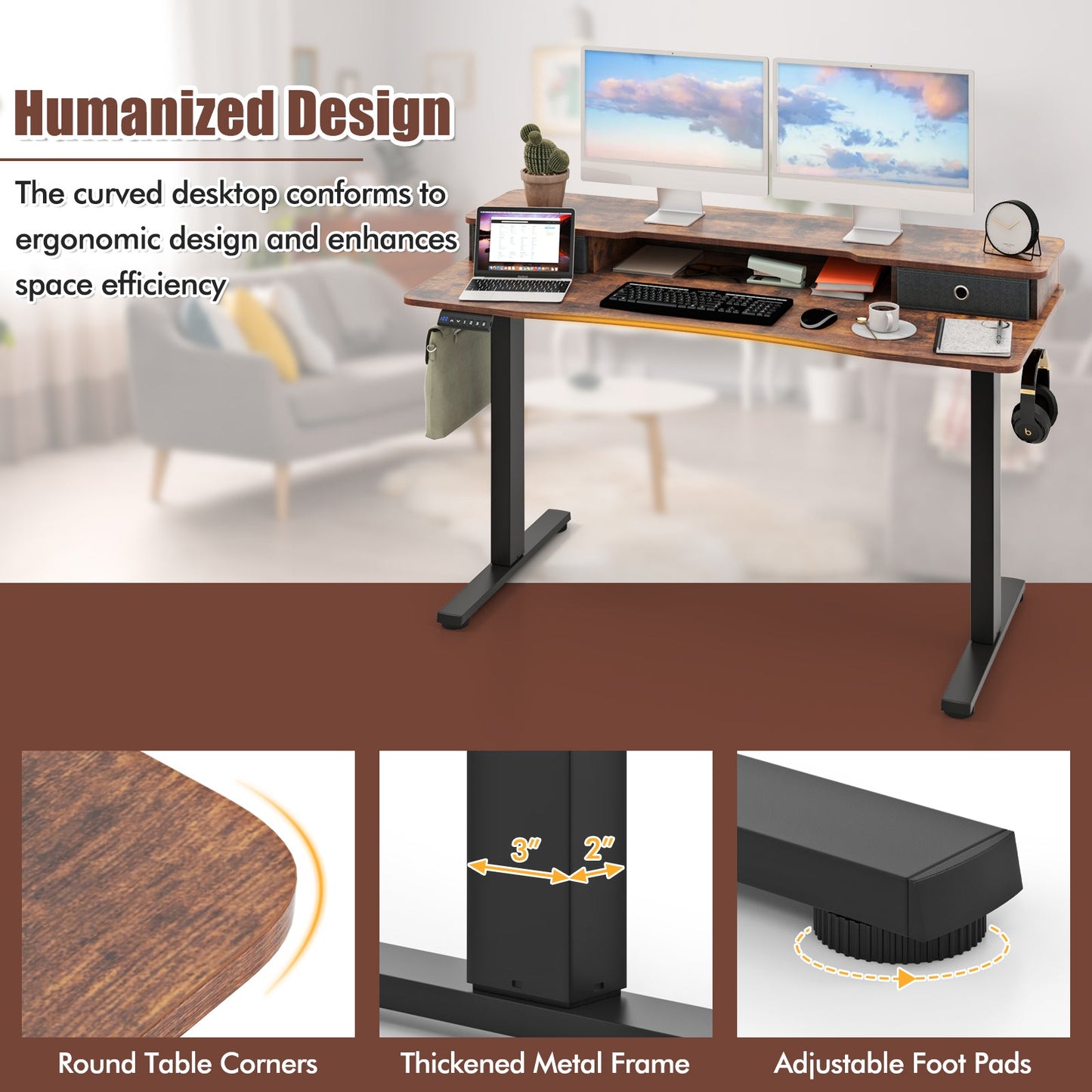 55 Inch x 24 Inch Height Adjustable Electric Standing Desk with 2 Drawers
