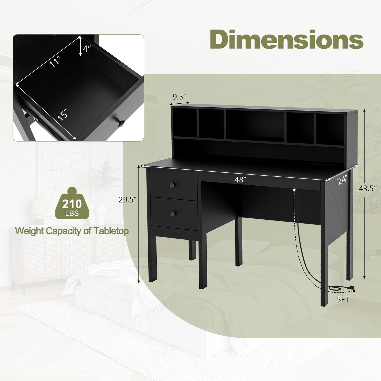 48 Inch Computer Desk with Drawers Power Outlets