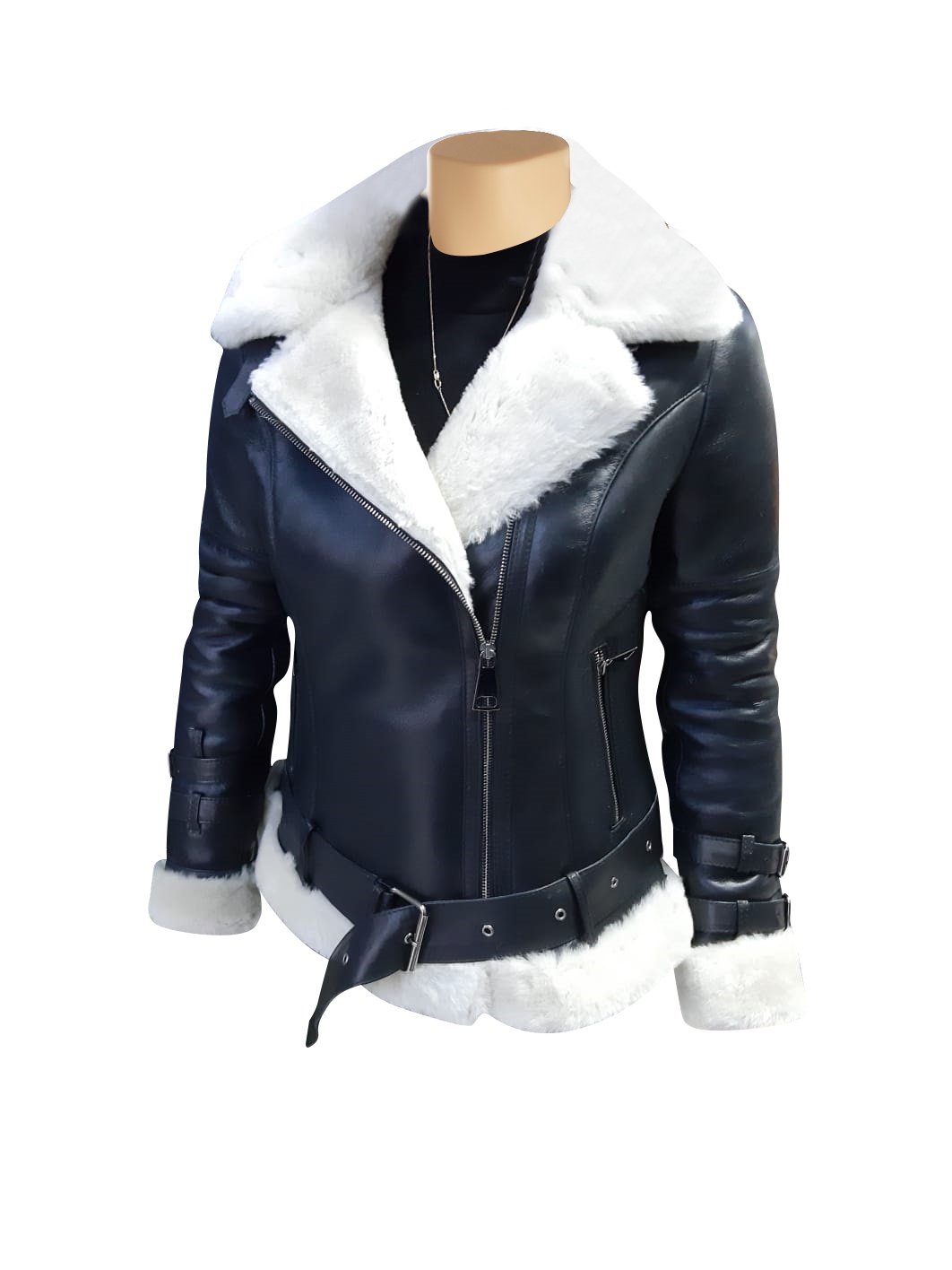 Jaynes Sheepskin Black and White Biker Shearling Jacket