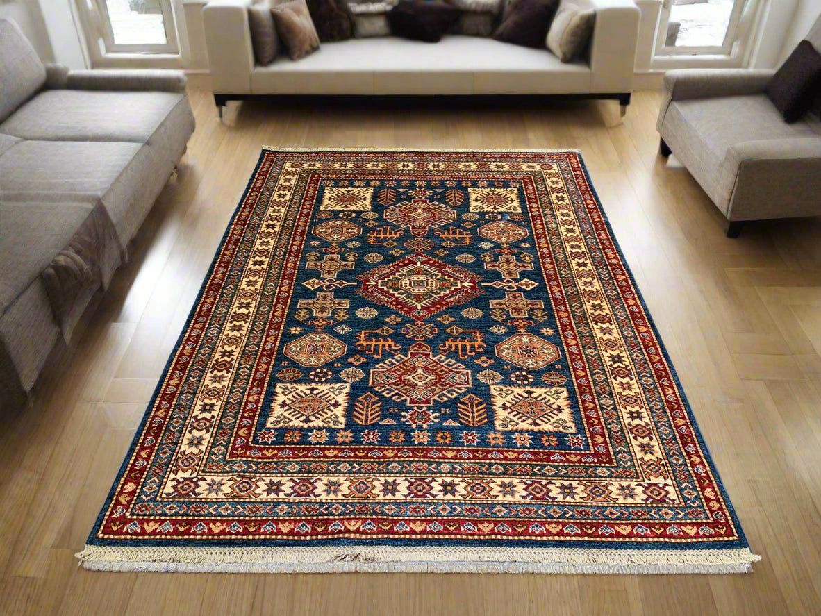 Hand-Knotted Vegetable Dye Kazak Rug from Pakistan, size 5" x 6' 7"
