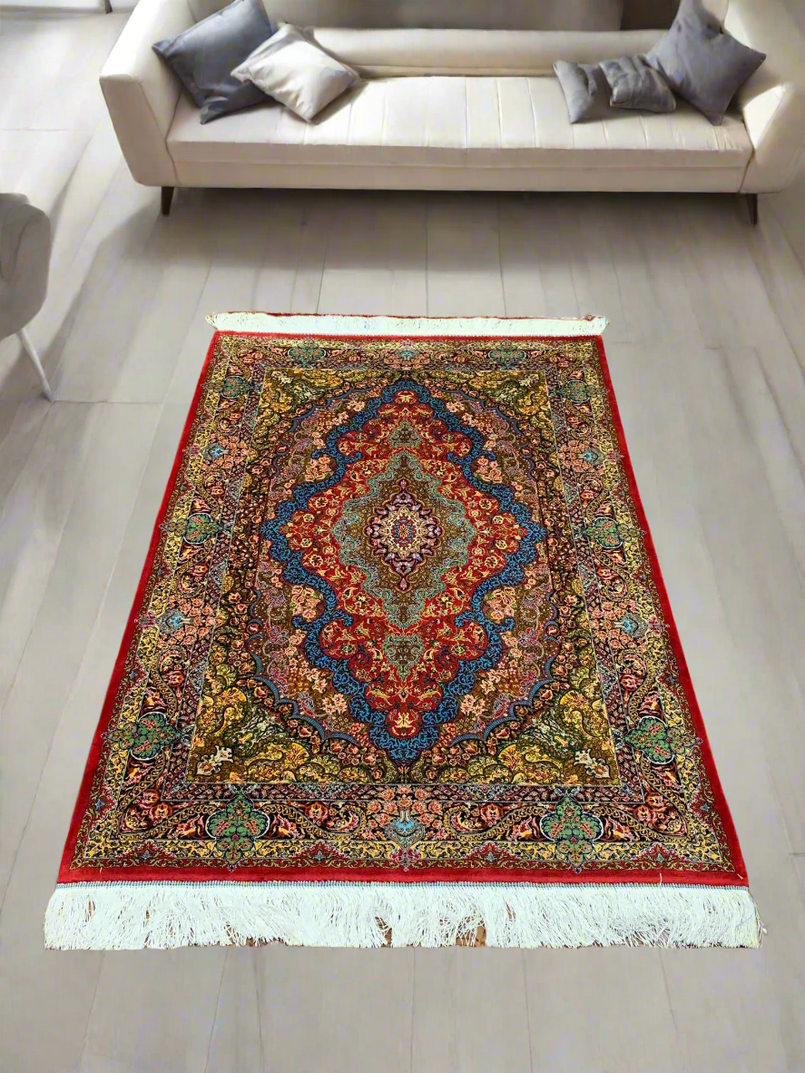 Exquisite 100% Silk Persian Design Rug – Elegant and Luxurious, size 3" x 5" (H)