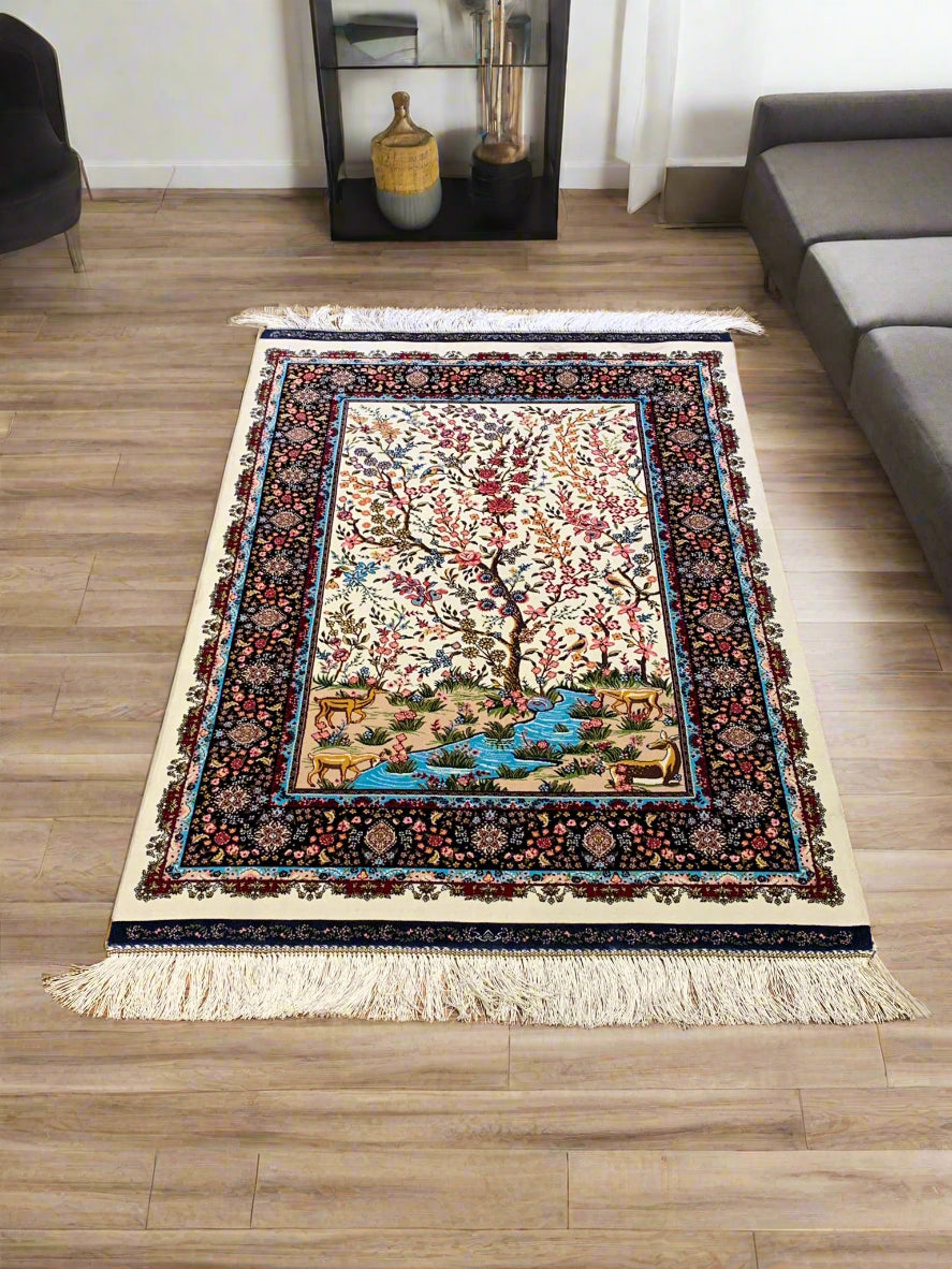 Exquisite 100% Silk Persian Tree of Life Rug – Elegant and Luxurious, size 2' 6" x 4"