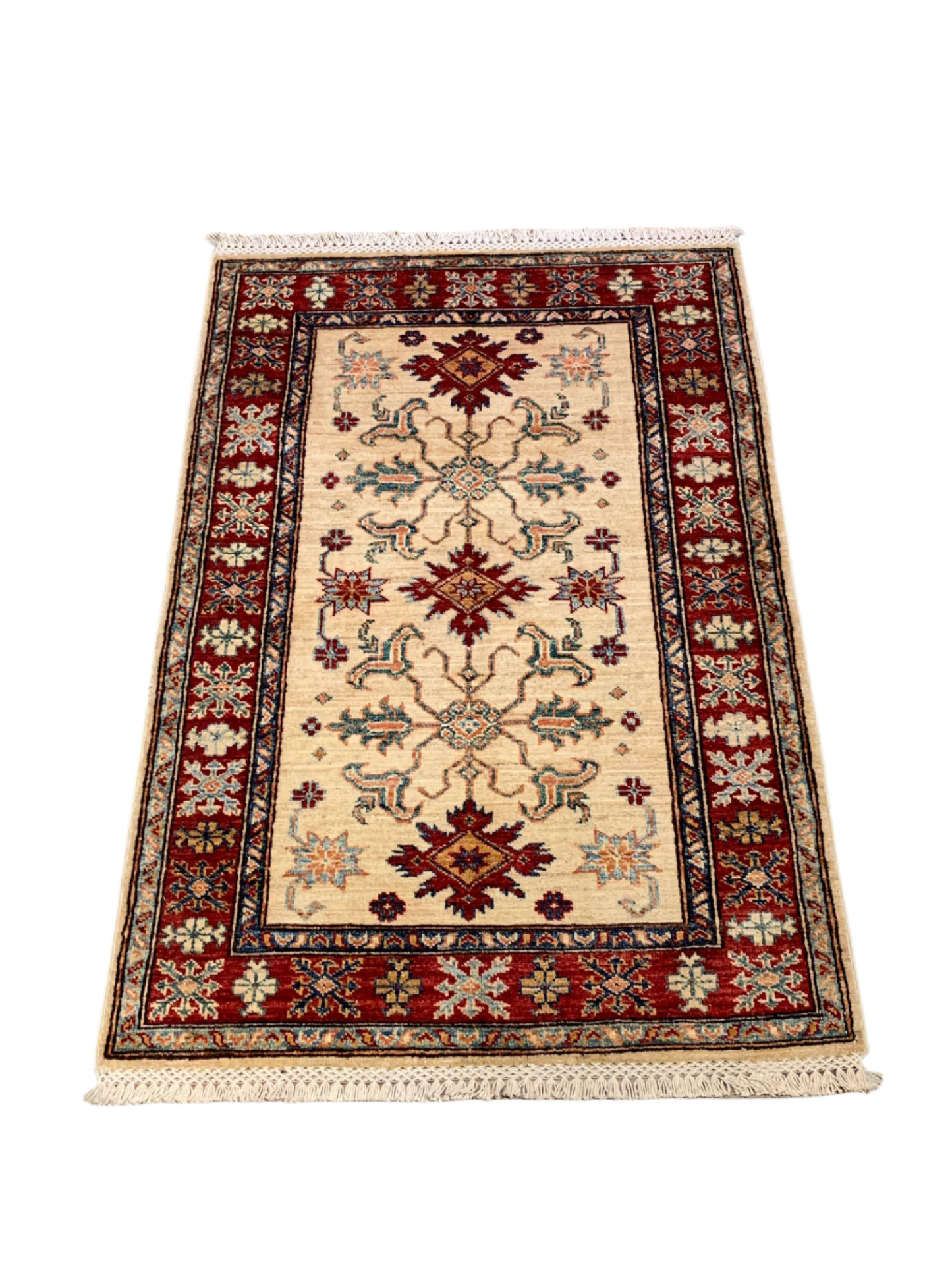 Hand-Knotted Vegetable Dye Kazak Rug from Pakistan, size 2' 9" x 4"