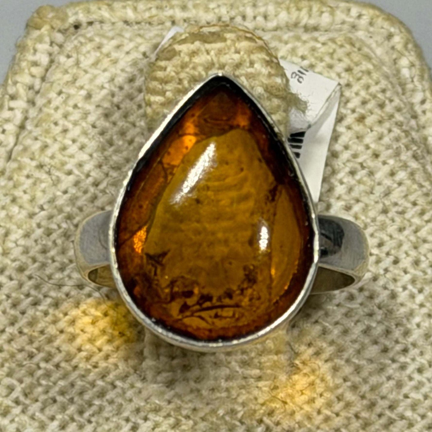 Amber Teardrop Ring - Sterling Silver - Size 6