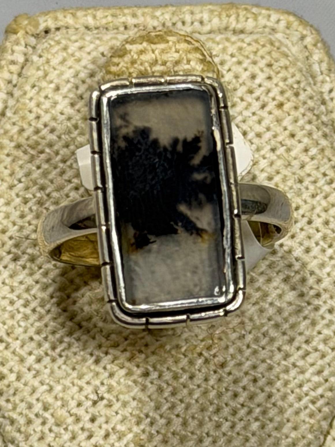 Tree Agate Rectangular Cut Ring - Sterling Silver - Size 6