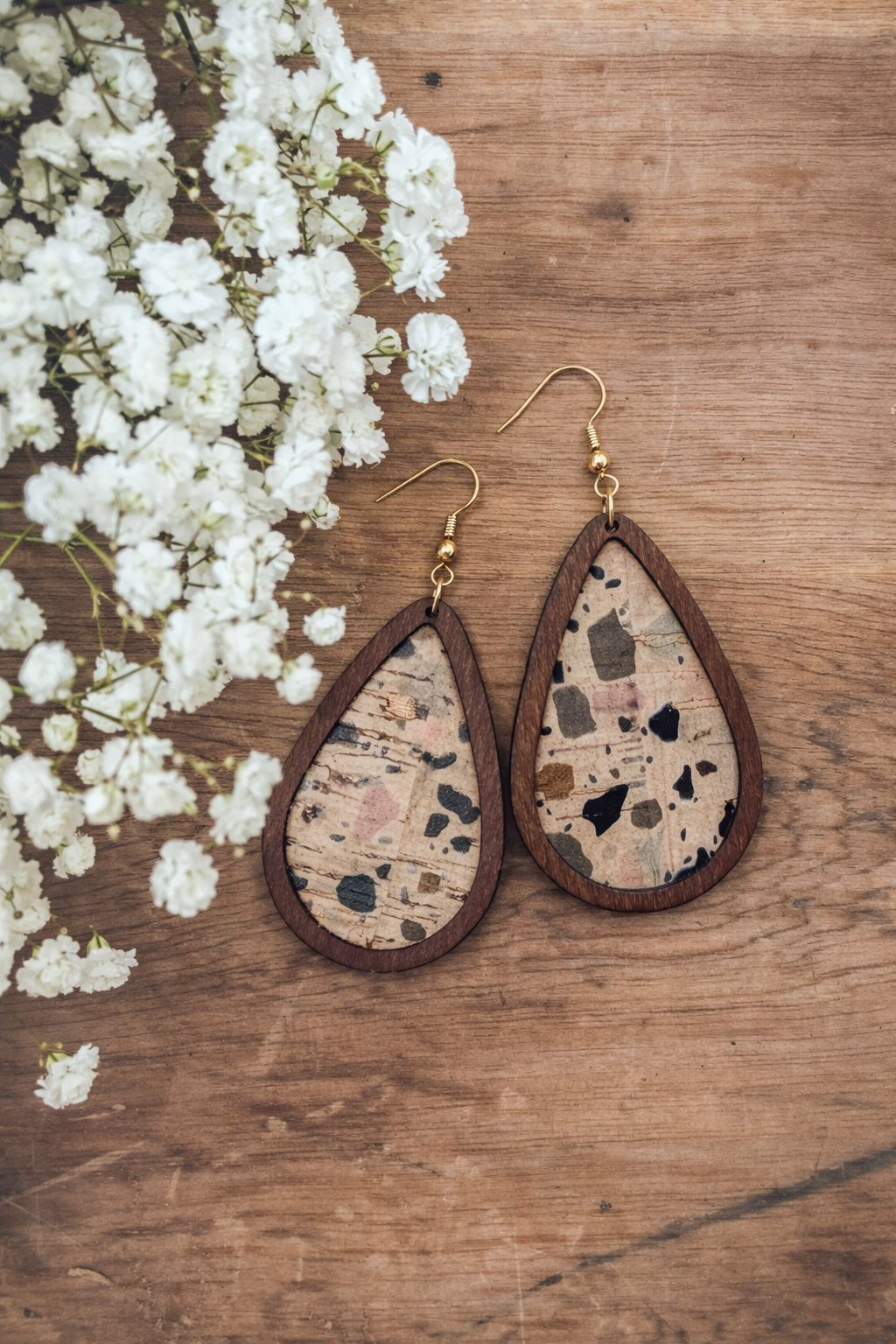 Beautiful Speckle Cork and Wood Drop Earrings