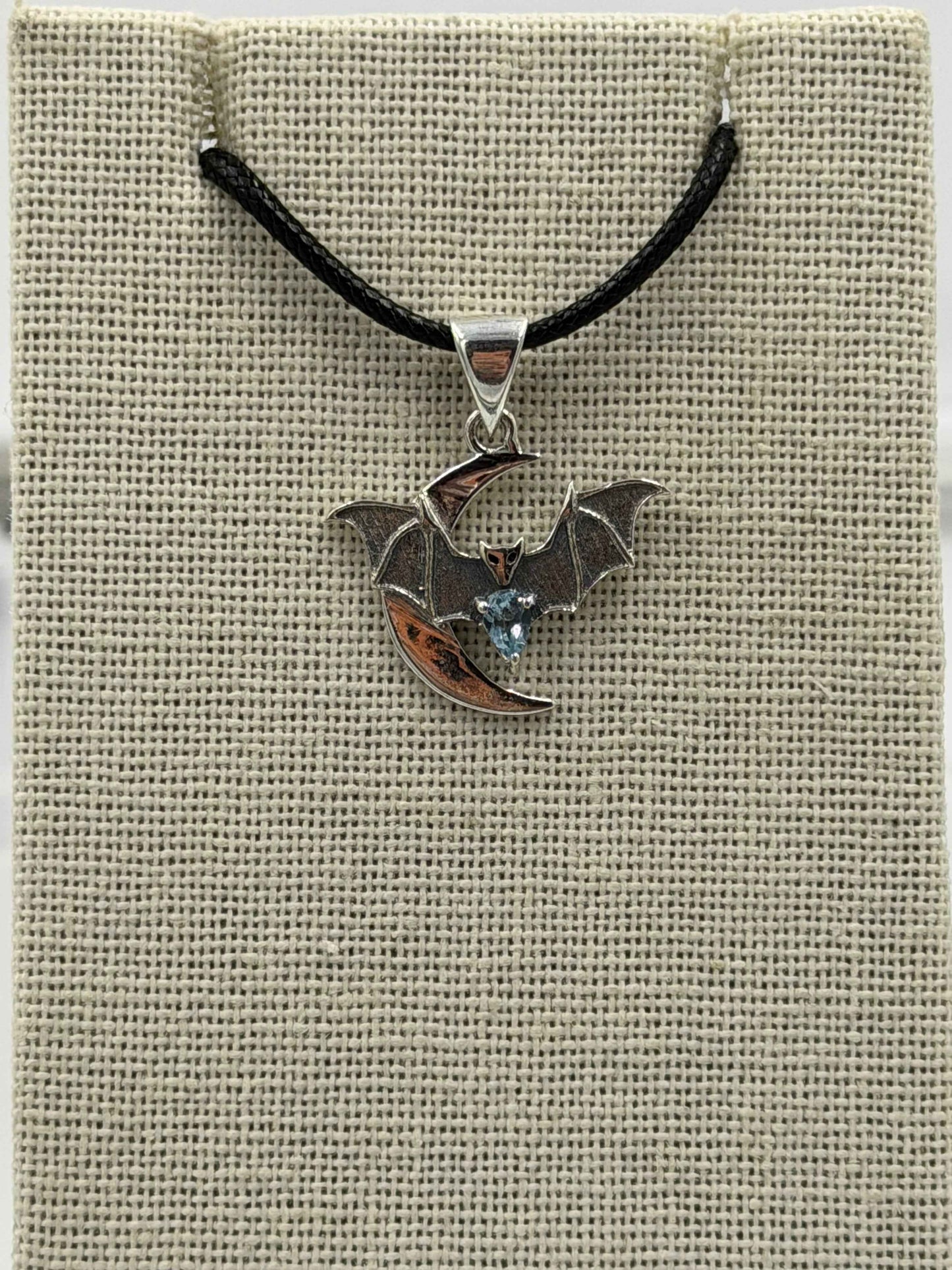 Sterling Silver Bat on Crescent Moon Aquamarine Pendant