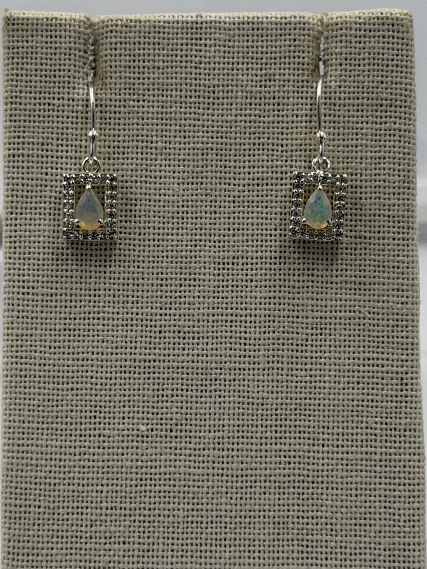 Sterling Silver Sparkled Square with Teardrop Ethiopian Opal Dangle Earrings