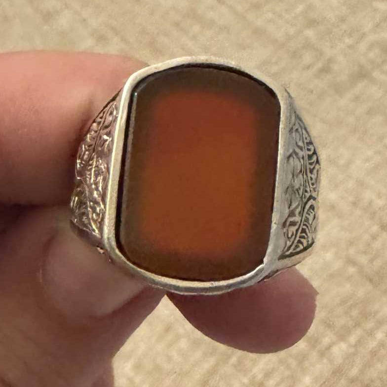 Carnelian Ring with Gothic Ornate Engraving Detail – Sterling Silver – Size 13 – Vitality & Courage
