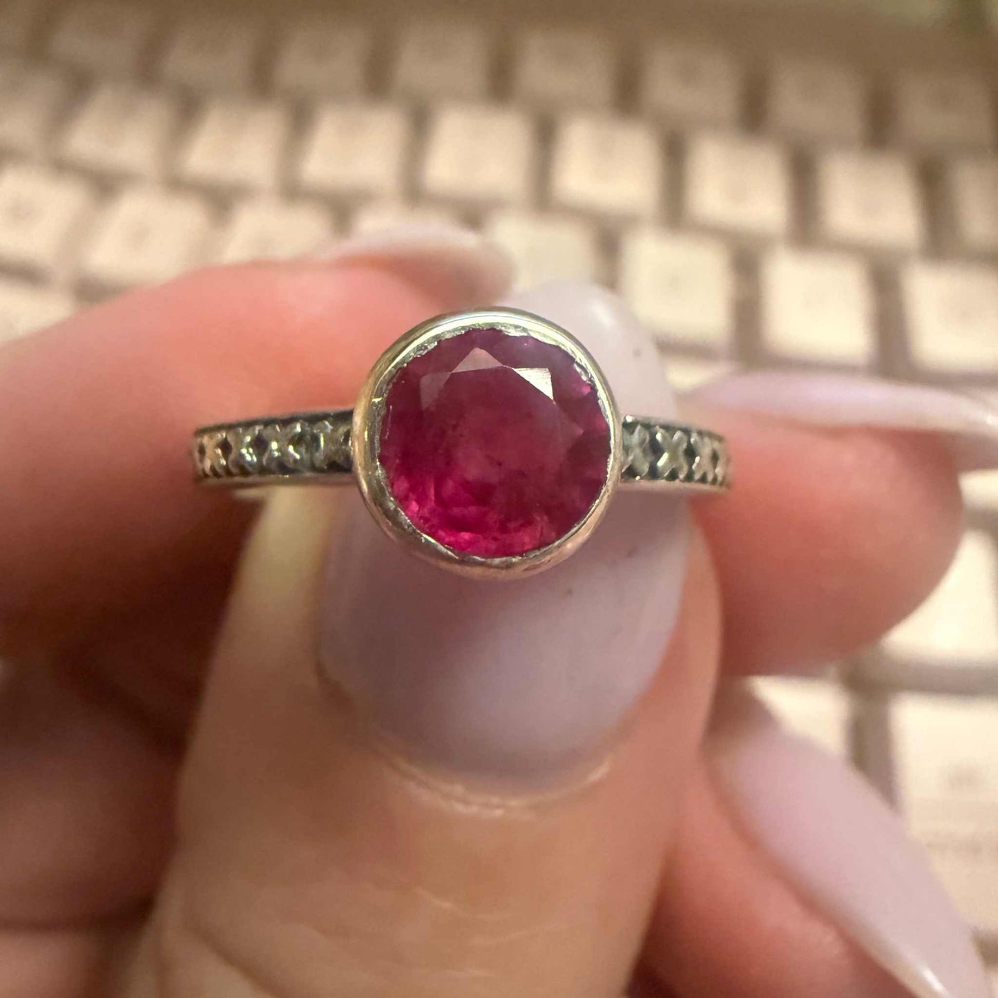 Ruby Round Ring – Sterling Silver with Engraved Band