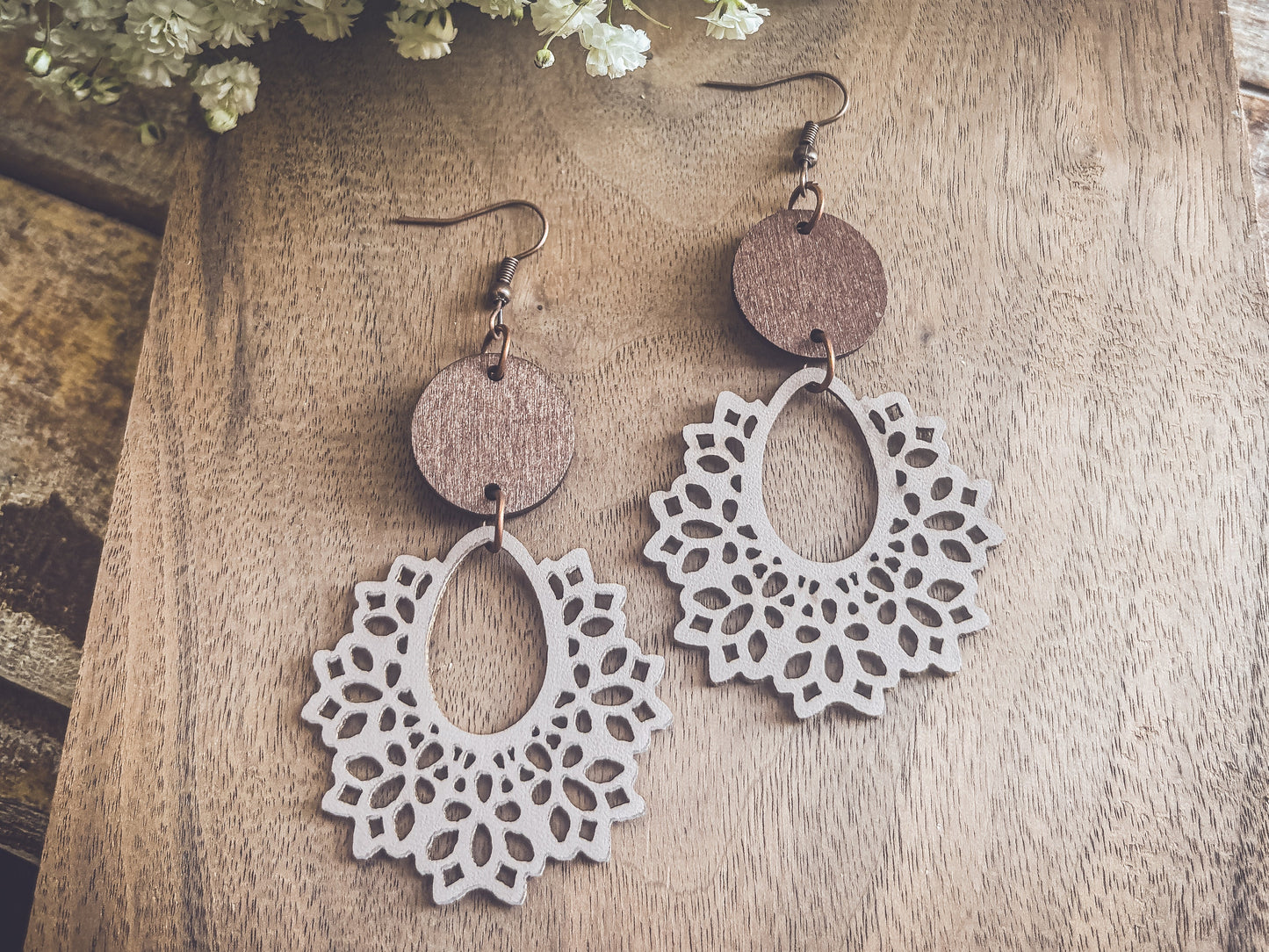 Beautiful Off White Wood Lavender Hued and Leather Earrings