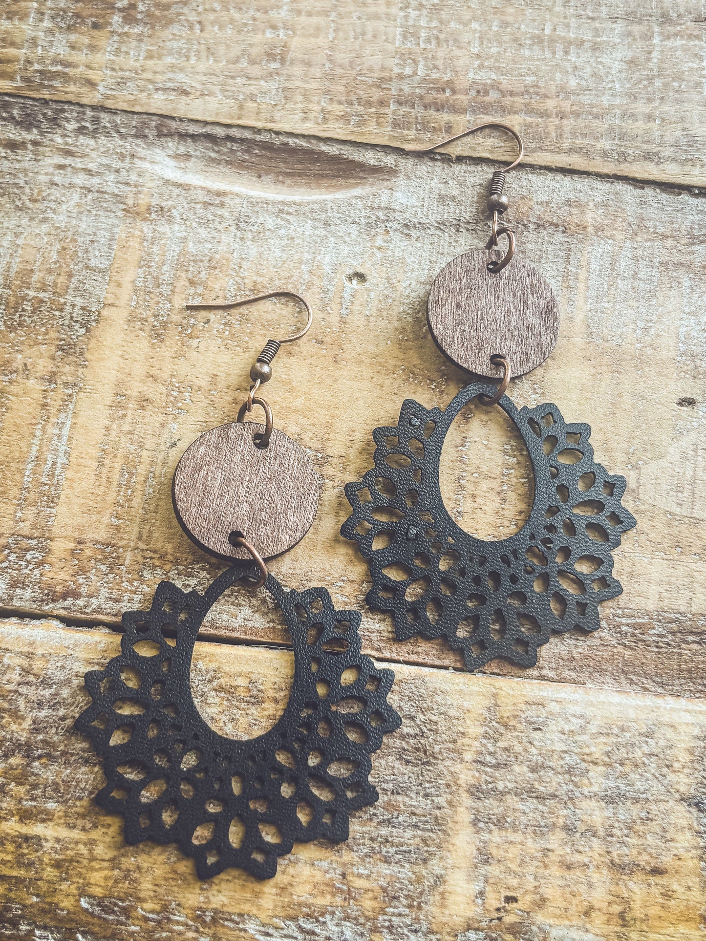 Beautiful Black Leather and Wood Earrings