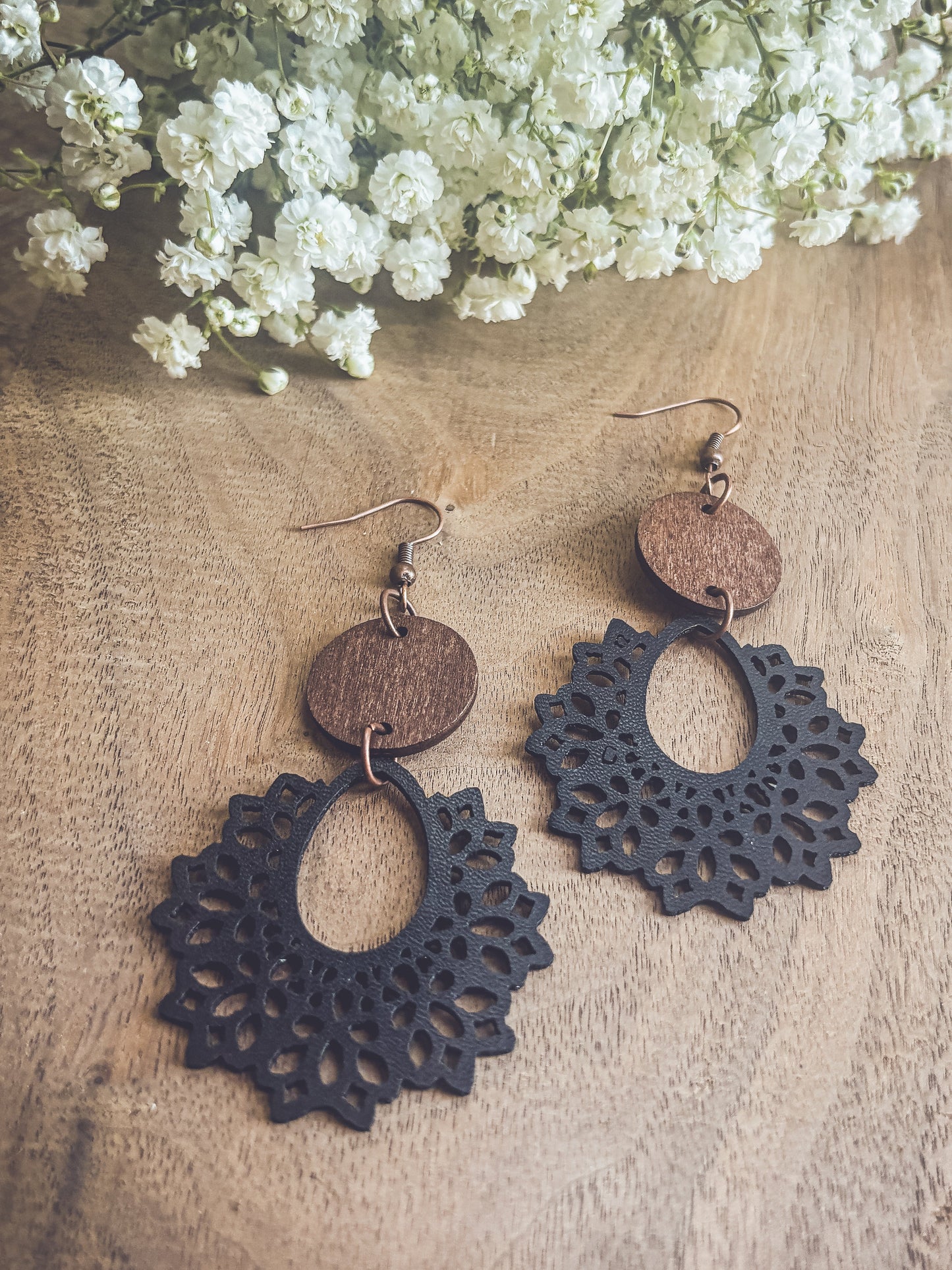Beautiful Black Leather and Wood Earrings