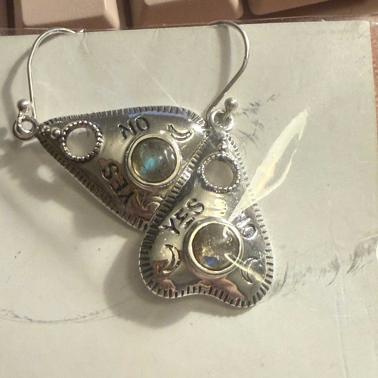 Ouija Planchette Labradorite Earrings in Sterling Silver