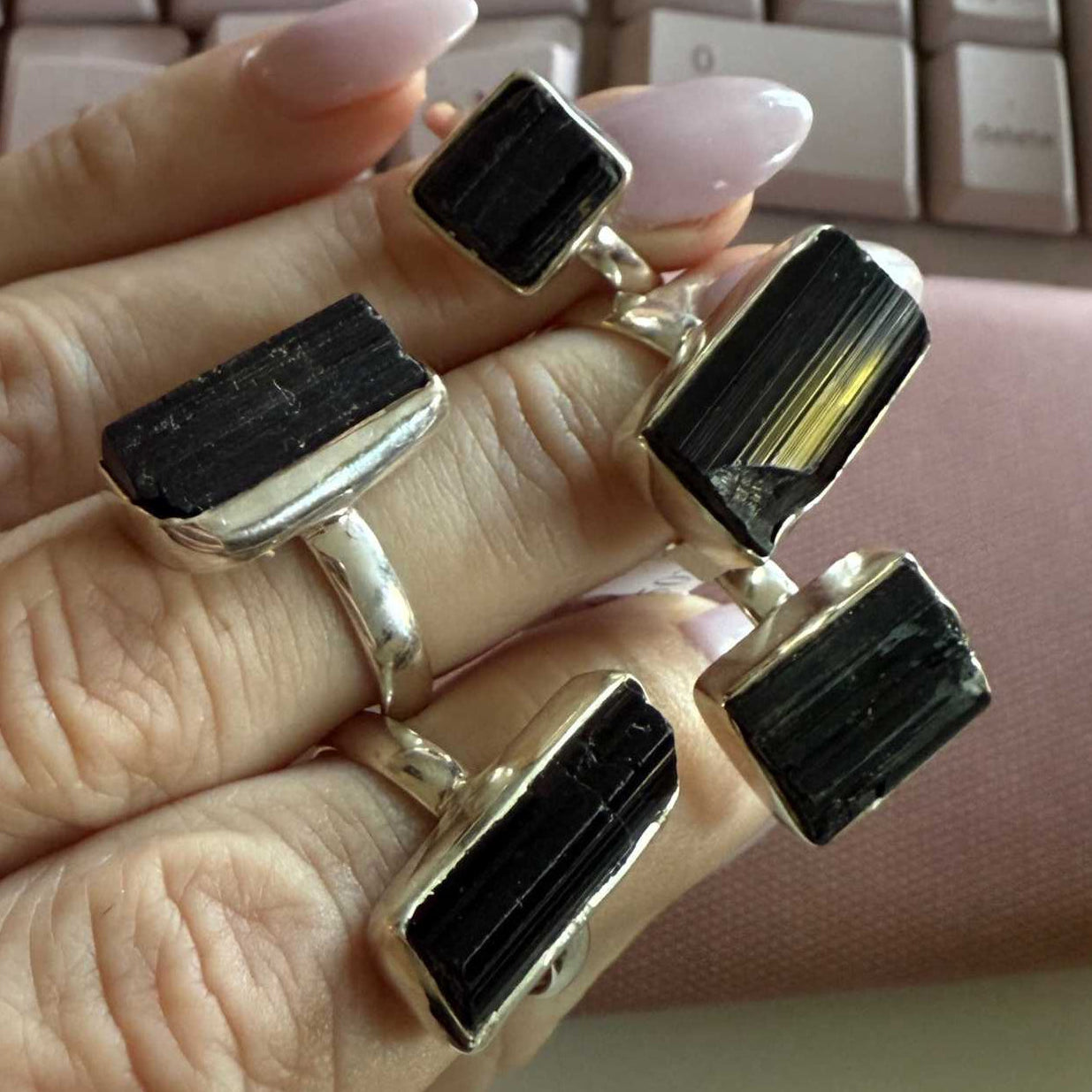 Black Tourmaline Sterling Silver Ring – Natural Protection Crystal Jewelry (Sizes 6–9)
