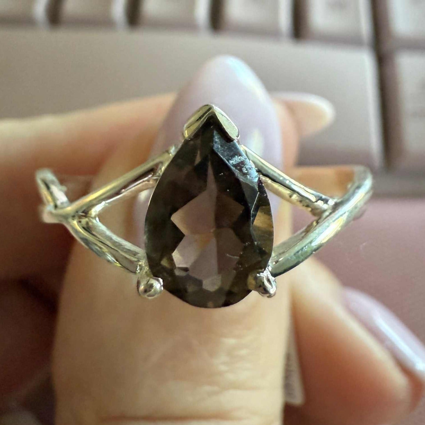 Smoky Quartz Teardrop Sterling Silver Infinity Ring – Size 14 – Grounding & Protection Crystal Jewelry