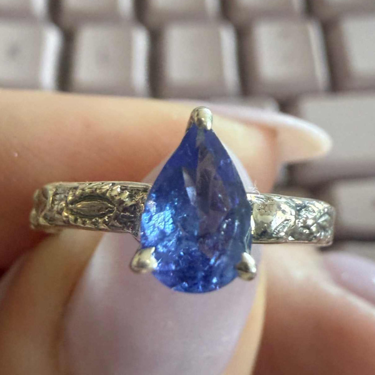Pear Tanzanite Engraved Sterling Silver Ring – Sizes 6, 7 & 8 – Intuition, Clarity & Higher Guidance