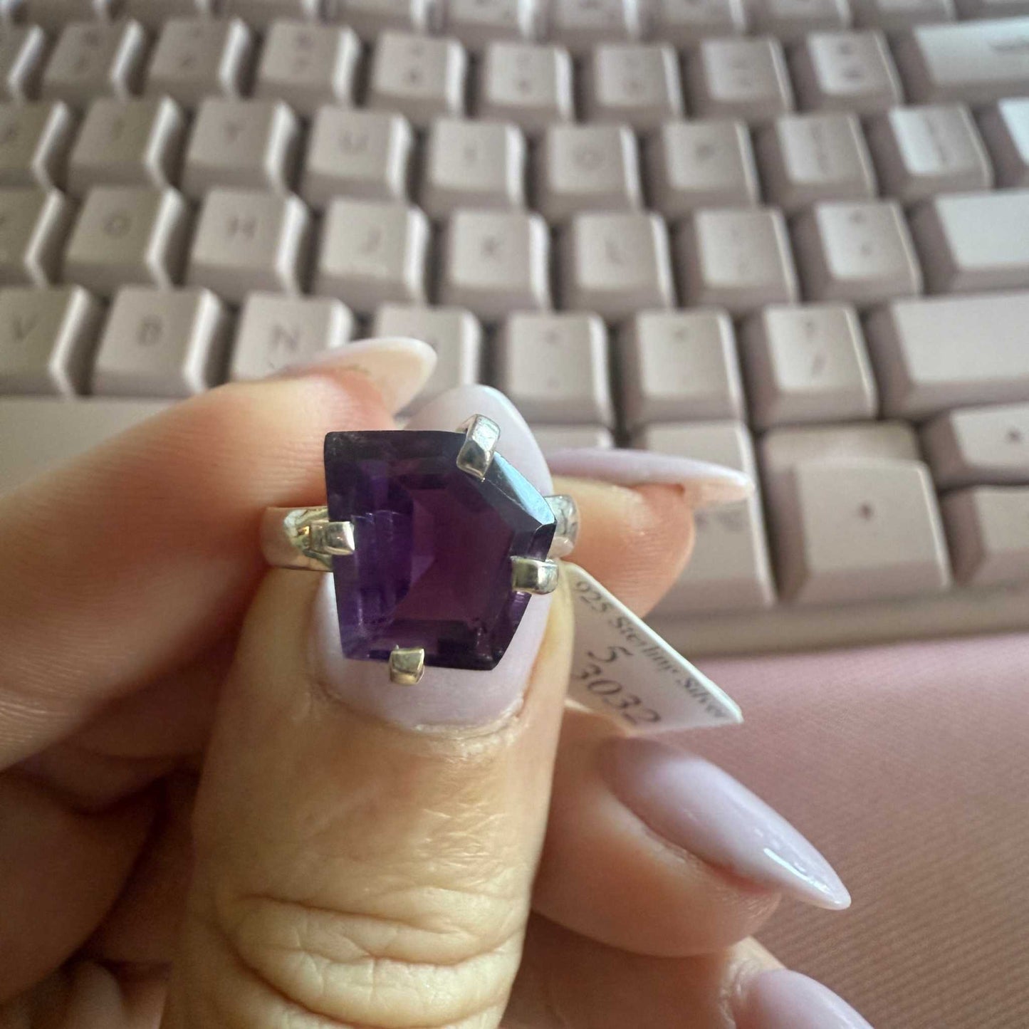 Sterling Silver Geometric-Cut Amethyst Ring – Size 5 – Protection, Intuition & Higher Clarity