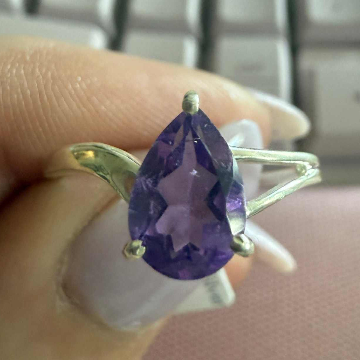 Sterling Silver Pear-Cut Amethyst Ring – Size 8 – Intuition & Inner Peace