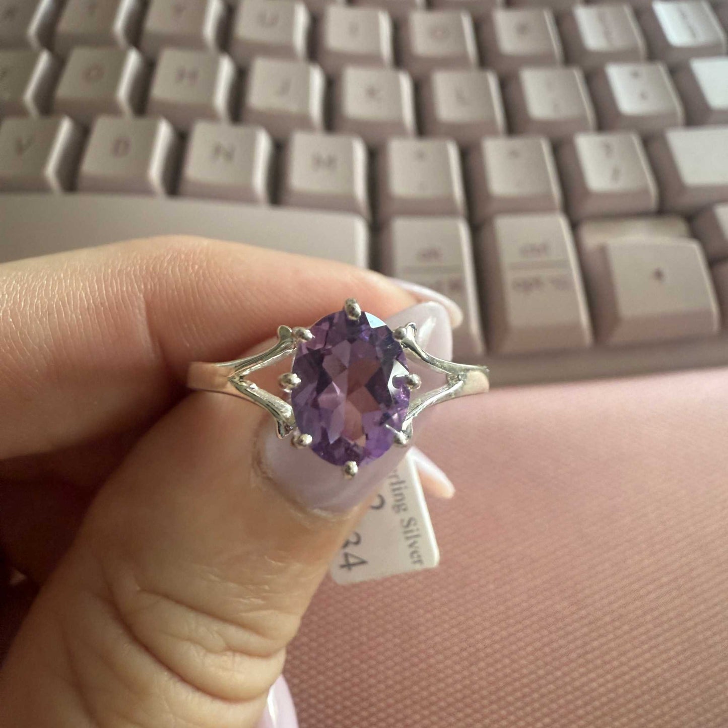 Oval Amethyst Sterling Silver Ring – Elegant Openwork Setting – Size 12