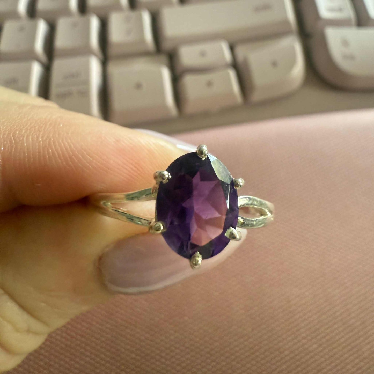 Oval Amethyst Six-Prong Sterling Silver Ring with Infinity Sides – Sizes 10 & 14