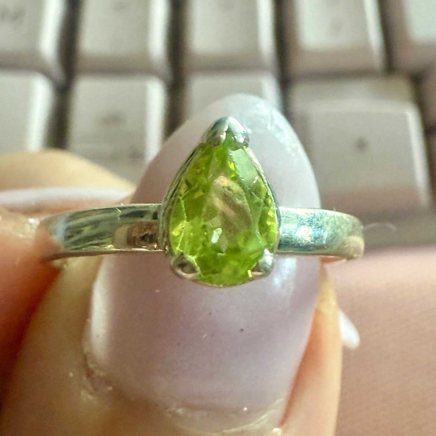 Peridot Teardrop Solitaire Ring – Sterling Silver – Size 7 & 9