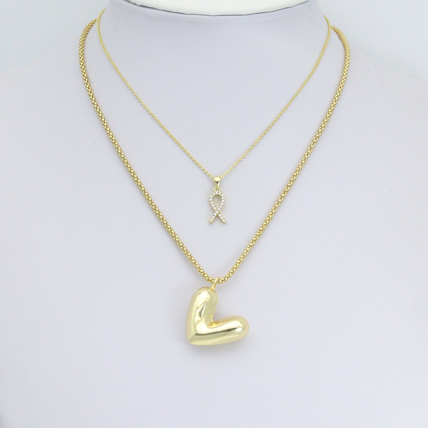 Puffy Gold Heart CZ Ribbon bow Charm Pendant, Sku#Y1044