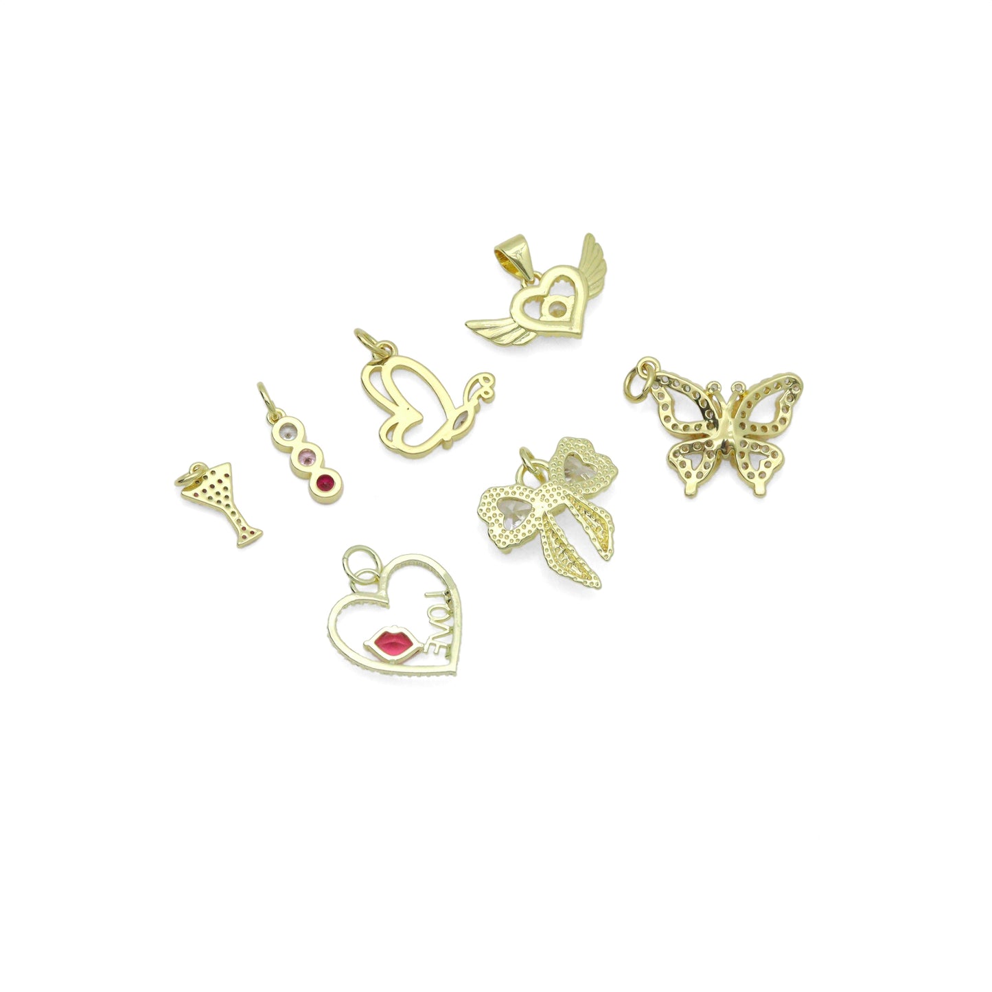 Colorful CZ Gold Heart Butterfly Bowknot Charm Pendant, Sku#Y1052