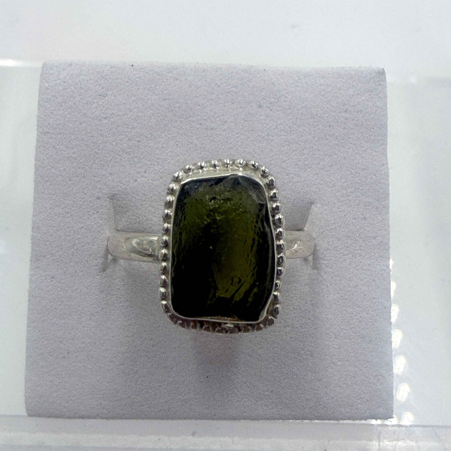 Sterling Silver Bezeled Moldavite Ring - Size 7 - Transformation, Growth & Awakening
