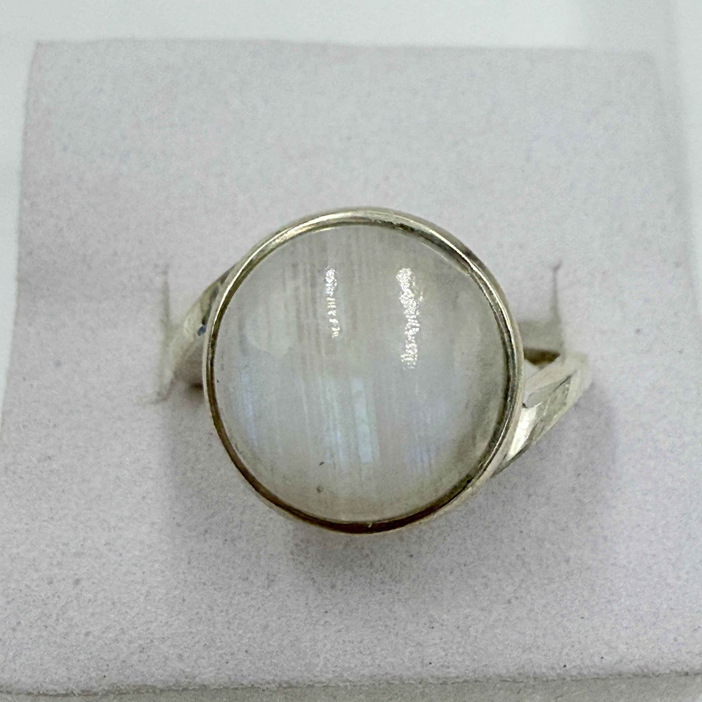Sterling Silver Rainbow Moonstone Round Bezel Ring – Size 7 – Intuition, Calm & New Beginnings