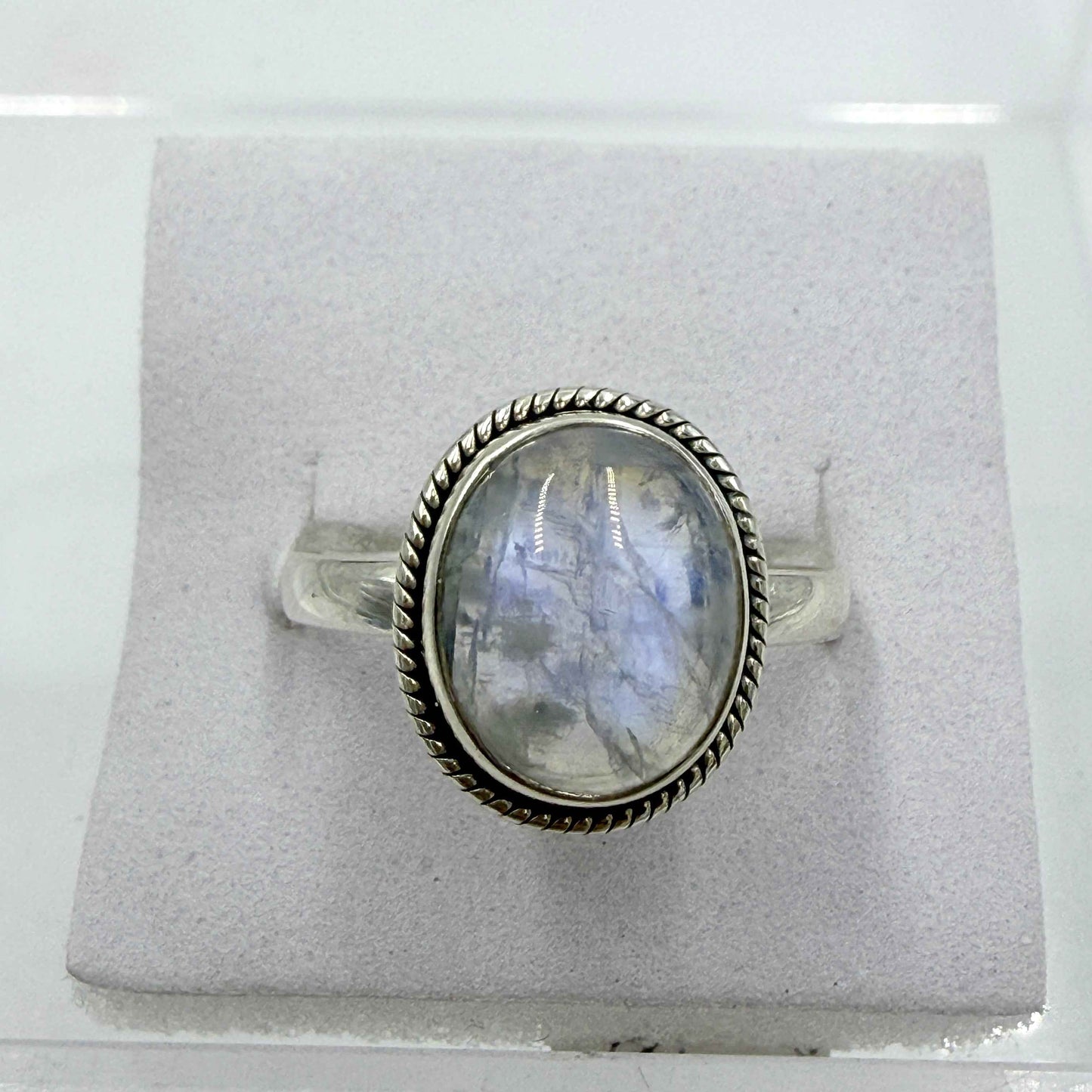 Sterling Silver Rainbow Moonstone Rope Bezel Ring – Size 10 – Intuition, Inner Harmony & New Beginnings