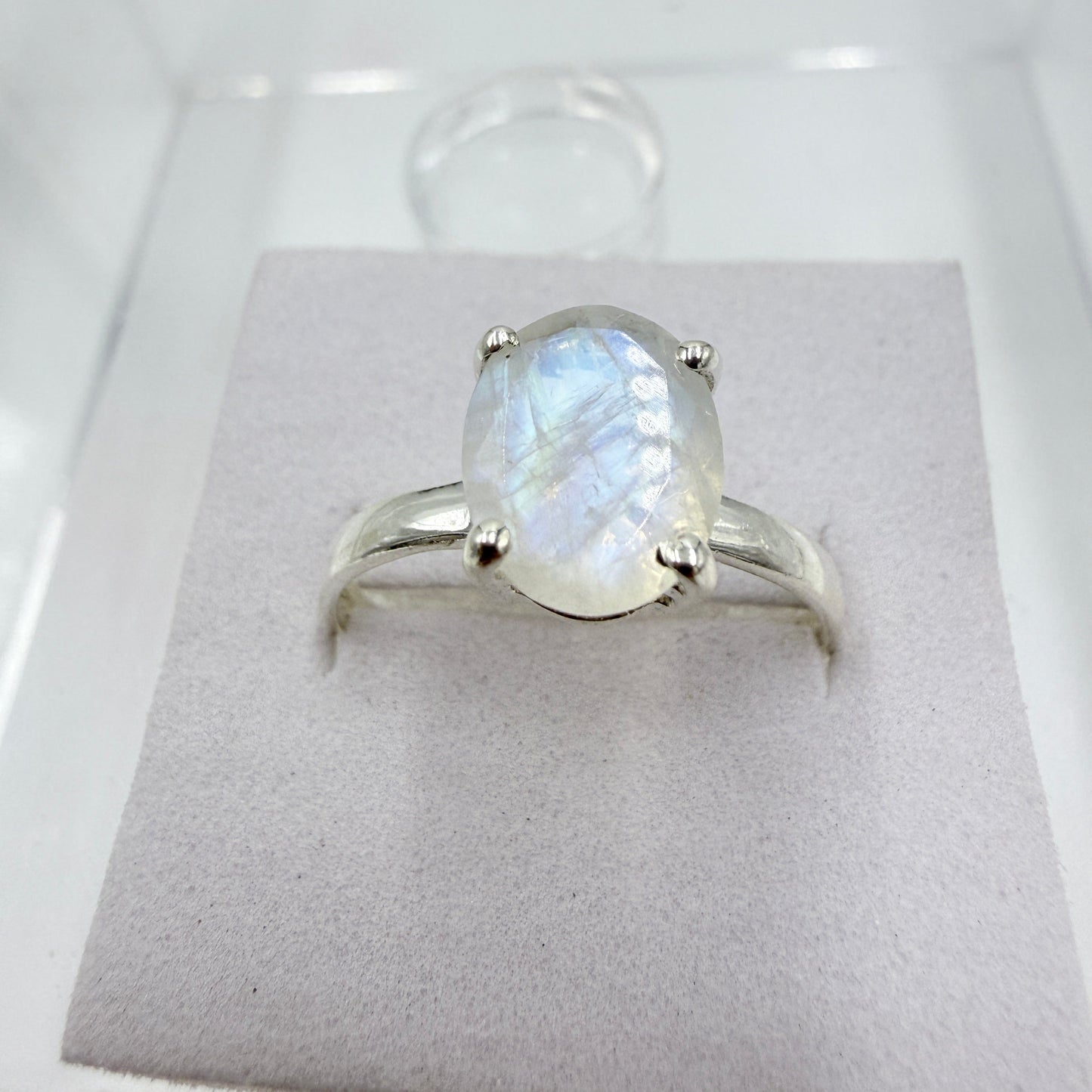 Sterling Silver Rainbow Moonstone Faceted Solitaire Ring – Size 10 – Intuition, Inner Growth & New Beginnings