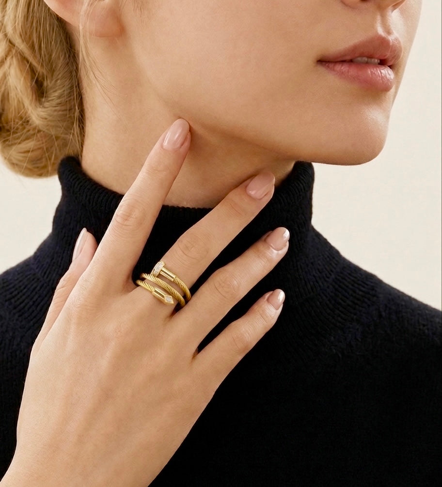 RG115G B.Tiff Gold Pavé Pointe Cable Adjustable Ring