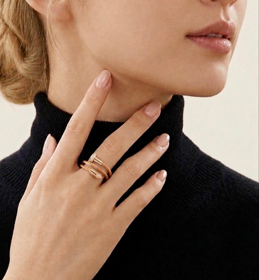 RG115RG B.Tiff Rose Gold Pavé Pointe Cable Adjustable Ring