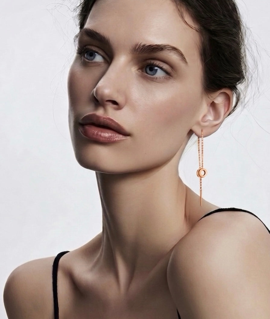 ER228RG B.Tiff Rose Gold Thread Dangling Pavé Circle Earrings