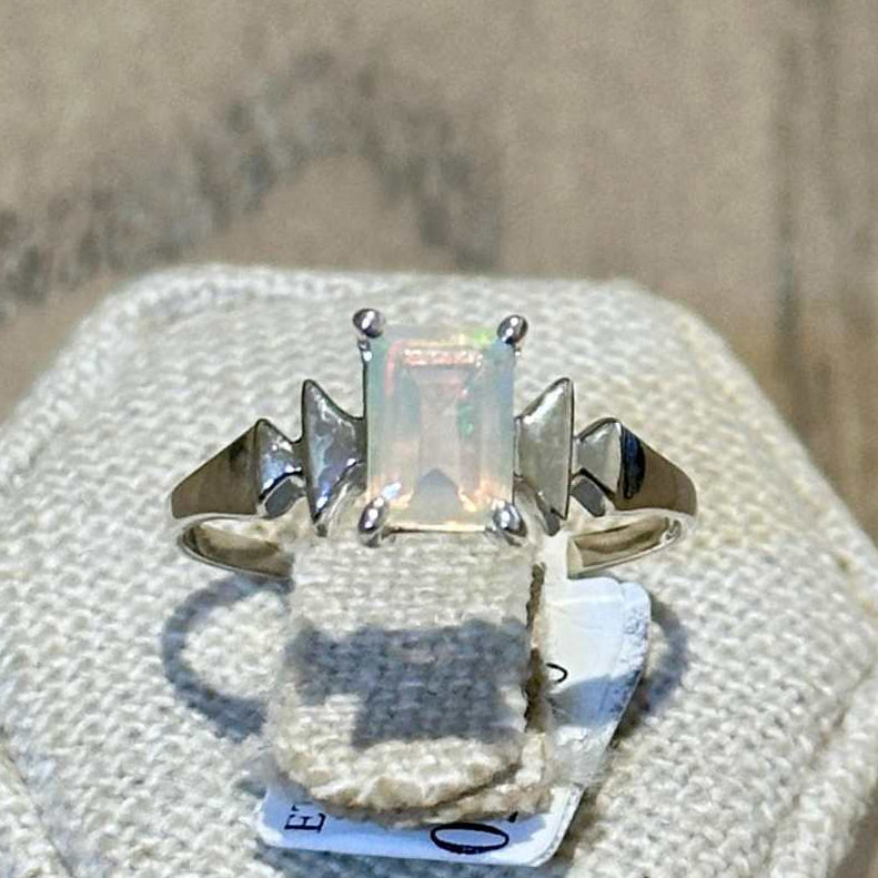 Ethiopian Opal Emerald-Cut Geometric Ring – Sterling Silver – Size 8