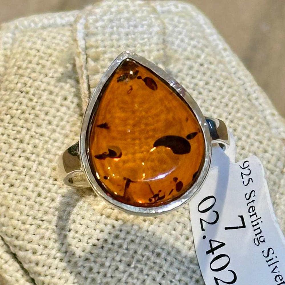 Natural Amber Teardrop Ring – Sterling Silver – Sizes 6, 7, 8, 9