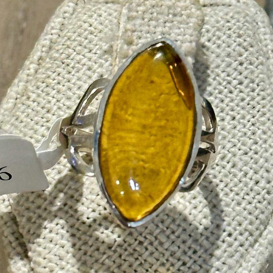 Natural Amber Marquise Filigree Ring – Sterling Silver – Sizes 6, 7, 8, 9
