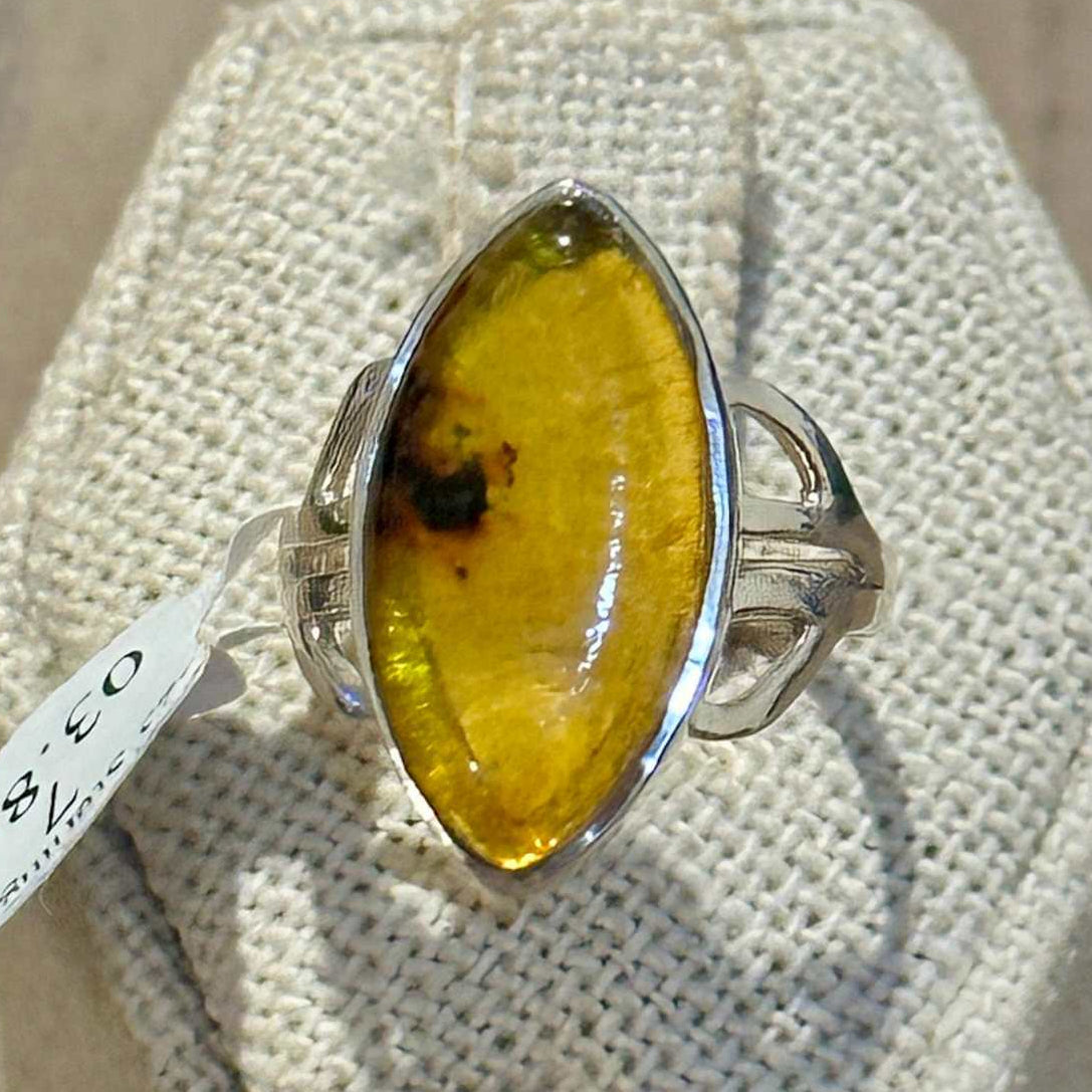 Natural Amber Marquise Filigree Ring – Sterling Silver – Sizes 6, 7, 8, 9