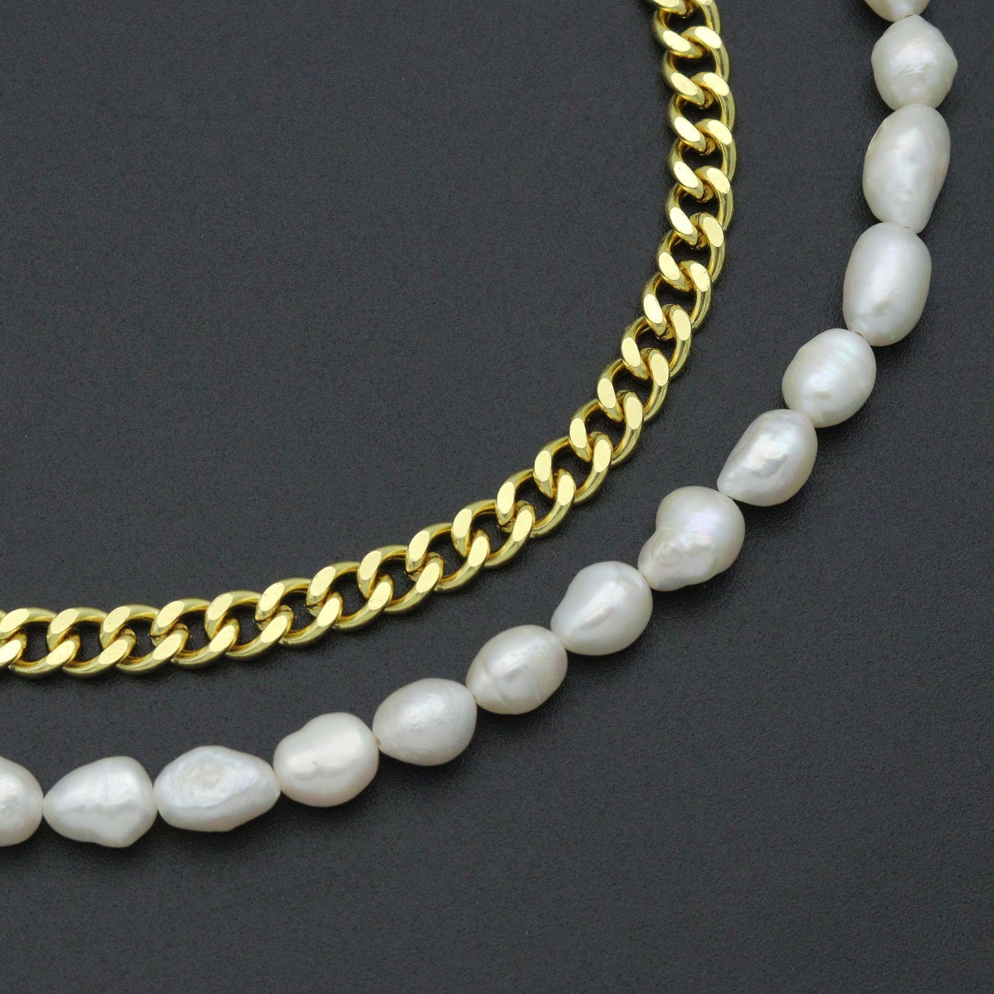 Freshwater Pearl Gold Curb Cuban Chain Necklace, Sku#EF212