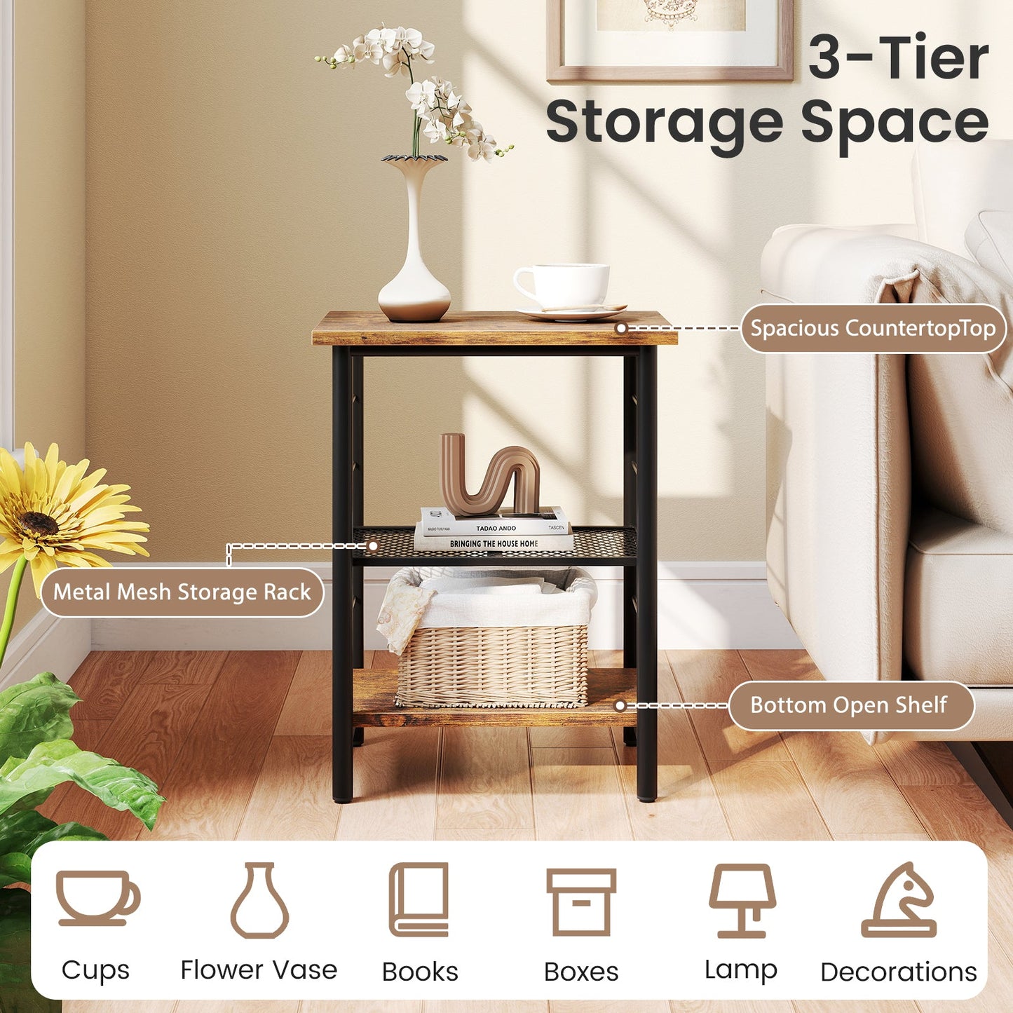 3-Tier End Table Space-Saving Nightstand Industrial Bedside Table for Living Room Bedroom-Rustic Brown