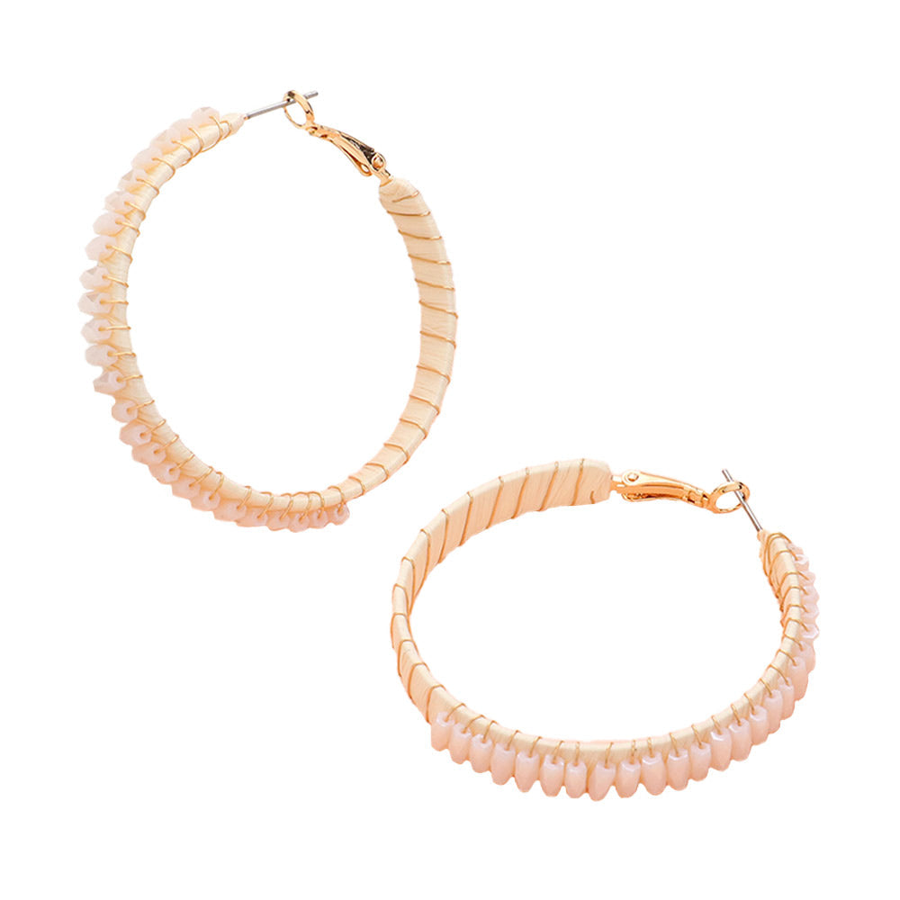 Rectangle Bead Trimmed Raffia Wrapped Hoop Earrings