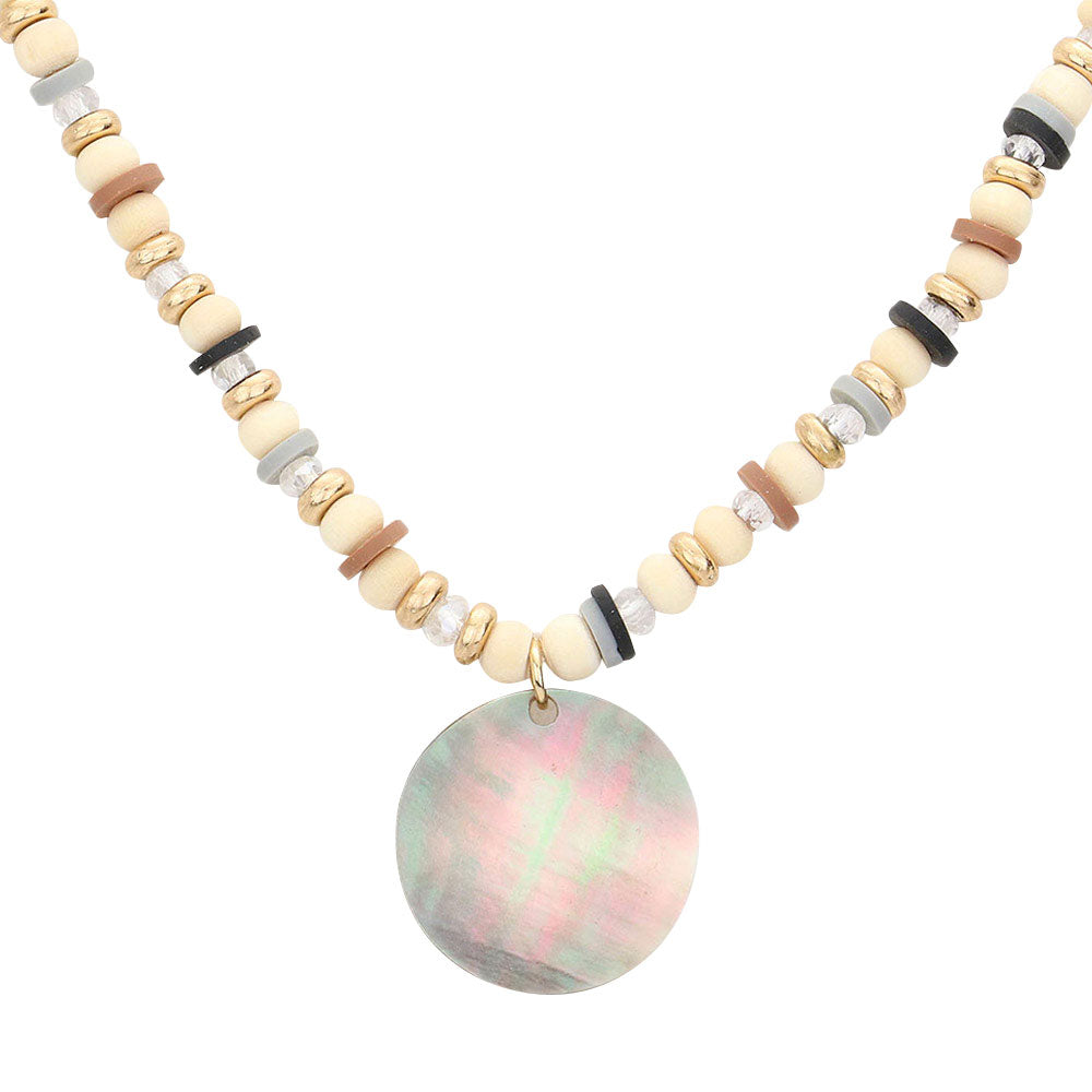 Wood Heishi Beaded Abalone Pendant Necklace